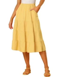 Allegra K Women's Midi Solid Elastic Waist Flare Tiered Long A-Line Skirt With Pockets -Allegra K GUEST d248191c 86cd 454f a263 c755fe55ffb0