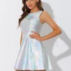 Allegra K Women's Metallic Sleeveless High Waist Party Holographic Dress