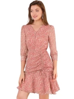 Allegra K Women's Floral 3/4 Sleeve Ruffle Hem Buttons Decor Drawstring Ruched Chiffon Dress -Allegra K GUEST d28a5757 2338 4a1b 9bc2 7894653bb885