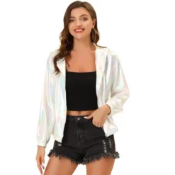 Allegra K Women's Holographic Shiny Long Sleeve Zipper Hooded Metallic Jacket -Allegra K GUEST d2c88324 369c 4f37 8e20 986e8a68764a