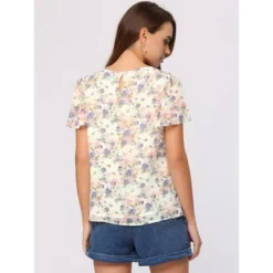 Allegra K Women's Flutter Sleeve Pleated Neckline Casual Chiffon Floral Blouse -Allegra K GUEST d2feb537 8a24 42f0 89a6 42b600fec6fe