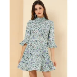 Allegra K Women's Floral 3/4 Bell Sleeve Smocked Belted Flare Ruffle Dress -Allegra K GUEST d3011c72 e2f3 4627 96a8 adb2c2f0506f