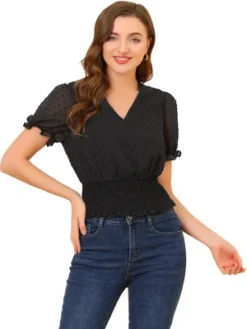 Allegra K Women's V Neck Short Puff Sleeve Swiss Dots Smocked Waist Summer Blouse -Allegra K GUEST d365fe89 67b4 4801 bc79 35ea330c7553