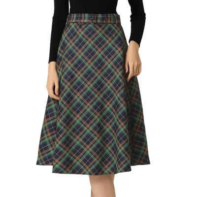 Allegra K Women's Tartan Plaid High Waist Belted Vintage A-Line Midi Skirt 8 Allegra K Women's Tartan Plaid High Waist Belted Vintage A-Line Midi Skirt - Image 8