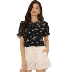 Allegra K Women's Chiffon Short Sleeve Ruffled Trim Floral Blouse Top -Allegra K GUEST d377f4dc 9c2f 4f33 8cec 18690909a4b5
