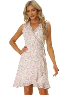 Allegra K Women's Summer Sleeveless V Neck Tie Waist Floral Print Ruffled Wrap Mini Dress -Allegra K GUEST d38ba397 c29c 4216 b199 045d221acd45