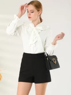 Allegra K Women's Ruffle Tie Neck Ruffle Cuff Button Front Solid Work Shirt