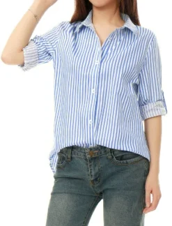 Allegra K Women's Striped Button Down Roll-up Long Sleeves Point Collar Shirt -Allegra K GUEST d43732ca db41 49d0 bb3f 23f85999ea43