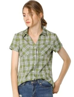 Allegra K Women's Point Collar Short Sleeve Button Down Plaid Shirt -Allegra K GUEST d4e37994 2620 45c6 b771 0fd010160666
