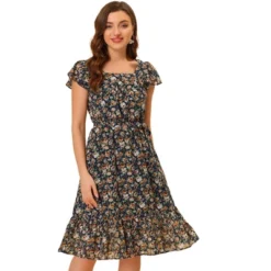Allegra K Women's Floral Chiffon Flutter Sleeve Belted Square Neck Ruffled Hem Dress -Allegra K GUEST d59bb60e 9349 4066 8d77 ef0b75d150a2