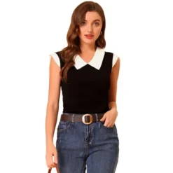 Allegra K Women's Contrast Flat Collar Stretchy Cap Sleeve Casual Blouse -Allegra K GUEST d5f5ad6e cd62 4b7b 8ad9 595a21a5e8ac