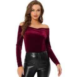 Allegra K Velvet Top For Women's Slim Fit Long Sleeve Off Shoulder Blouse -Allegra K GUEST d62fe7ee f0b9 4b50 9255 82e7e1a9d70f