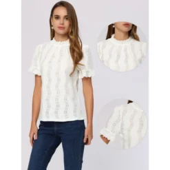 Allegra K Women's Crochet Eyelet Top Mock Neck Puff Sleeve Ruffle Casual Embroidery Blouse