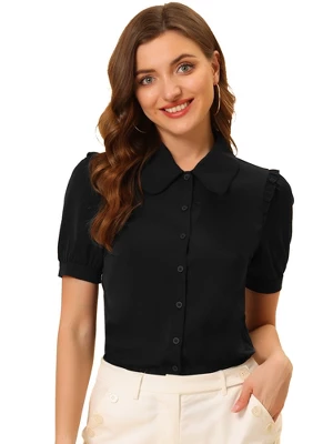 Allegra K Women's Peter Pan Collar Short Sleeve Button Front Work Shirt 7 Allegra K Women's Peter Pan Collar Short Sleeve Button Front Work Shirt - Image 7