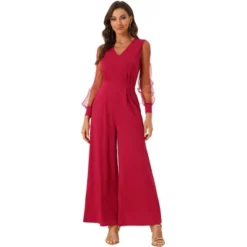 Allegra K Women's Elegant V Neck Mesh Long Sleeve Loose Wide Leg Party Jumpsuits -Allegra K GUEST d901485e a5dc 40dd bb54 9251834a13bb