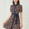 Allegra K Women's Short Sleeve Contrast Collar Belted Floral Shirt Dress