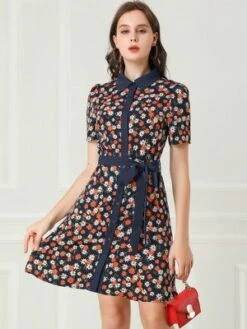 Allegra K Women's Short Sleeve Contrast Collar Belted Floral Shirt Dress