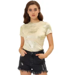 Allegra K Women's Party Metallic Textured Short Sleeve Shiny T-shirts -Allegra K GUEST d921cc90 9877 4863 96b2 eaee7836b424