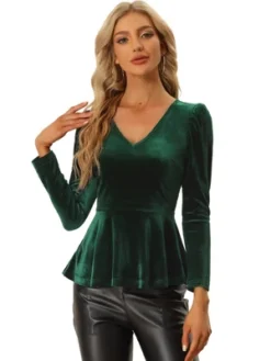 Allegra K Velvet Blouse For Women's Elegant V Neck Long Sleeves Peplum Blouses -Allegra K GUEST d92592b3 7093 4825 aa37 97c0e9a366cc