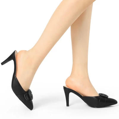 Allegra K Women's Buckle Pointed Toe Stiletto Heel Slides Mules 1 Allegra K Women's Buckle Pointed Toe Stiletto Heel Slides Mules