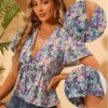 Allegra K Women's Floral Tie Front Blouse Deep V Neck Ruffle Hem Short Sleeve Tops