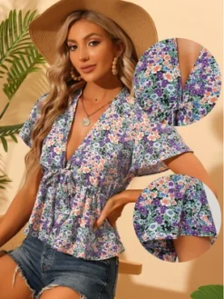 Allegra K Women's Floral Tie Front Blouse Deep V Neck Ruffle Hem Short Sleeve Tops