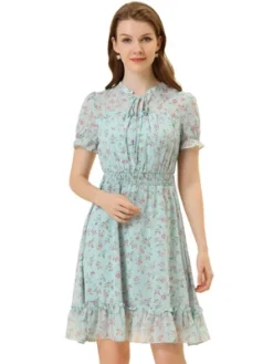 Allegra K Women's Floral Ruffle Hem Short Sleeve A-Line Smocked Chiffon Dress -Allegra K GUEST da0cbd3b ff6f 499b a879 d85cfe45b5a1