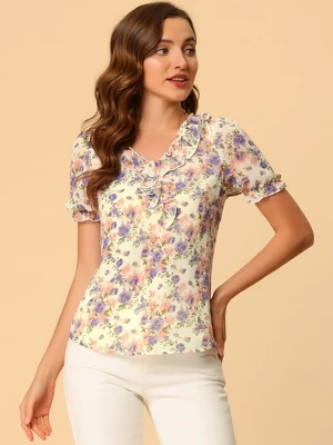 Allegra K Women's Ruffle V Neck Puff Short Sleeve Floral Blouse 4 Allegra K Women's Ruffle V Neck Puff Short Sleeve Floral Blouse - Image 4