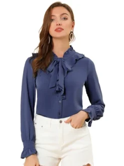 Allegra K Women's Ruffle Tie Neck Ruffle Cuff Button Front Solid Work Shirt -Allegra K GUEST da86a640 ddb4 4a0d 98e2 2bd72b63ce44