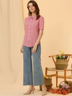 Allegra K Women's Plaid Blouse Bow Tie Neck Puff Short Sleeve Gingham Shirt -Allegra K GUEST db2623fe 655f 4b09 a934 0bf70a16bbda