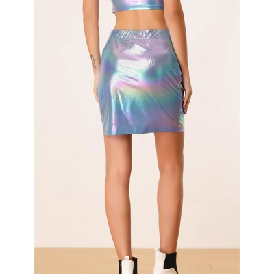 Allegra K Women's Metallic Shiny Holographic Bodycon Mini Skirt 2 Allegra K Women's Metallic Shiny Holographic Bodycon Mini Skirt - Image 2