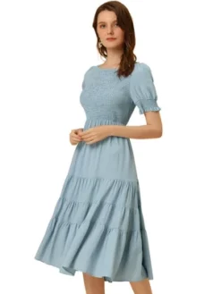 Allegra K Women's Peasant Smocked Short Sleeve Midi Summer Casual Tiered A-Line Dress -Allegra K GUEST dc5ee635 608d 45c8 8e1b d36c6a92ebf0