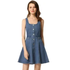 Allegra K Women's Sleeveless Square Neck Button Down Flared Casual Mini Denim Dress -Allegra K GUEST dc5eee7d f402 4bbb b2ec 85e800004021