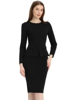 Allegra K Women's Round Neck Bracelet Sleeve Peplum Waist Work Office Pencil Dress -Allegra K GUEST dc6aa0e5 4584 4788 a580 afbd24741ef5