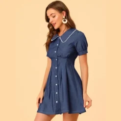 Allegra K Women's Chambray Puff Button Front Flare A-line Mini Shirt Dresses -Allegra K GUEST dcdc9452 5d4a 4bcd b8b4 74d5be901d17