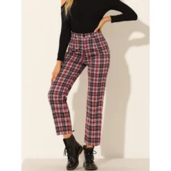 Allegra K Women's Plaid Trousers Button Casual Tartan Check Work Pants