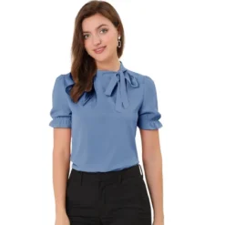 Allegra K Women's Bow Tie Neck Elegant Office Short Sleeve Blouse -Allegra K GUEST ddf1008d 0350 4a73 a43a 98ba77ff8c23