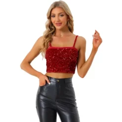 Allegra K Women's Velvet Spaghetti Strap Club Party Crop Sequined Cami Top -Allegra K GUEST de1e3cad 9191 4c91 9784 59d0b55e1ff2