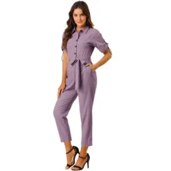 Allegra K Women's Short Sleeve Collared Cropped Coverall Button Down Tie Waist Cotton Cargo Jumpsuit -Allegra K GUEST de3e7d55 2262 429c 9831 30ab008308ed