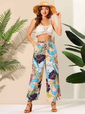Allegra K Women's Floral Casual Elastic Waist Wide Leg Tropical Trouser 2 Allegra K Women's Floral Casual Elastic Waist Wide Leg Tropical Trouser - Image 2