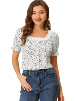 Allegra K Women's Square Neck Button Ruffle Sleeve Love Heart Printed Blouse Top -Allegra K GUEST dea6d403 147e 4736 8c4d 2be3913fa6b4