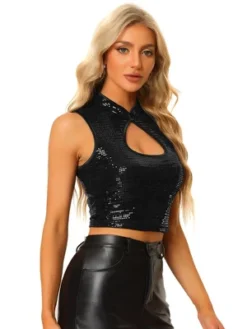 Allegra K Women's Slim Fitted Sequins Sleeveless Cut Out Front Crop Tank Top -Allegra K GUEST df7c0d03 f59e 4503 9081 fe593b58b018