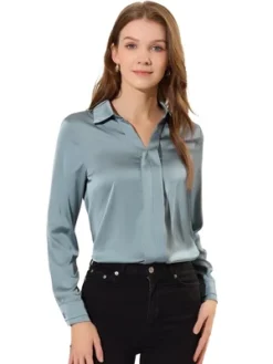 Allegra K Women's Elegant V Neck Long Sleeve Office Work Satin Blouse -Allegra K GUEST dfad7665 2adc 4f75 9b79 f1dfdeab4e9a