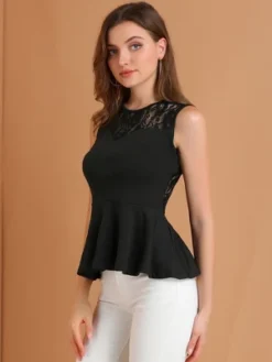 Allegra K Women's Floral Mesh Lace Panel Round Neck Sleeveless Peplum Blouses