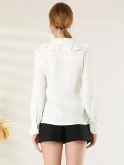 Allegra K Women's Ruffle Tie Neck Ruffle Cuff Button Front Solid Work Shirt -Allegra K GUEST dfee72ae 4e60 4560 92bc 8b68df5612ec