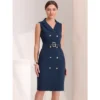 Allegra K Women's Sleeveless Notched Lapel Double Breasted Belted Work Office Dress