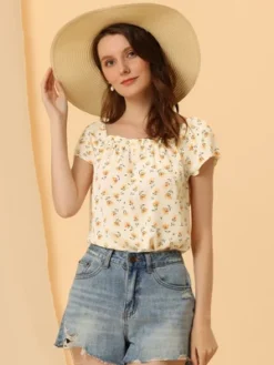 Allegra K Women's Square Neck Casual Cap Sleeve Floral Print Peasant Tops -Allegra K GUEST e032ffef e29a 4241 86bb ac48014efb7a