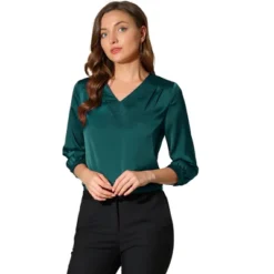 Allegra K Women's V Neck 3/4 Sleeve Casual Office Work Satin Blouses -Allegra K GUEST e037f568 abdc 4344 be5f 0b273448e736