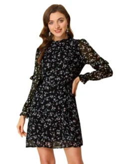 Allegra K Women's Floral Dress Mock Neck Tie Waist Ruffle Shift Chiffon Dress -Allegra K GUEST e0a701af 19fe 498b 8000 08008ea308b6