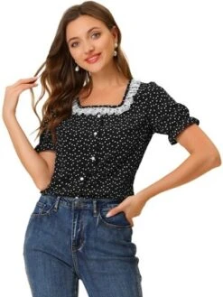 Allegra K Women's Square Neck Button Ruffle Sleeve Love Heart Printed Blouse Top -Allegra K GUEST e0b348b1 e387 41ac abaf 594b108c67e2